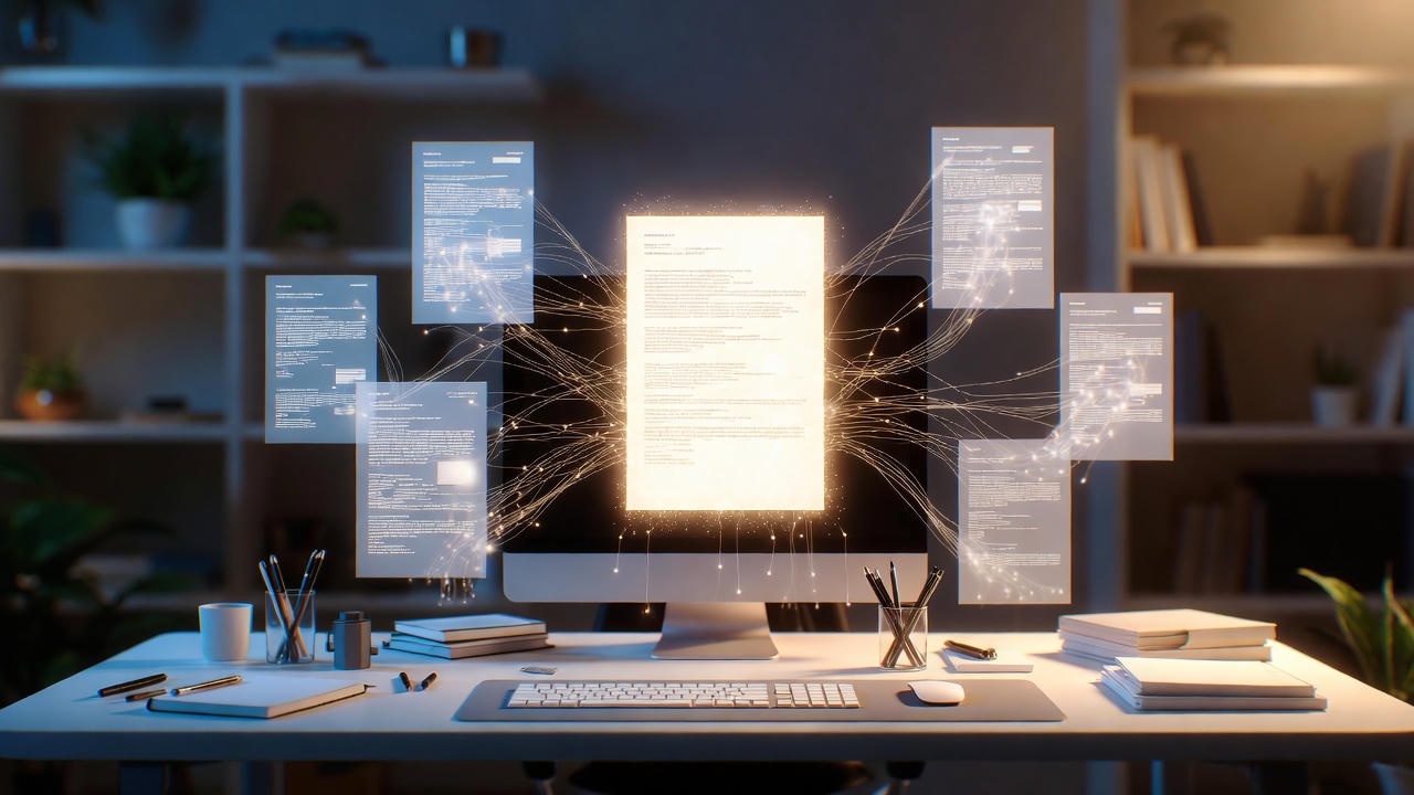 A modern workspace featuring a desktop computer on a clean desk surrounded by digital documents and glowing data connections, symbolizing artificial intelligence, data processing, and digital document management. The scene shows a well-organized home office setup with books, stationery, and shelves in the background, representing productivity, technology, and AI-powered workflow automation.